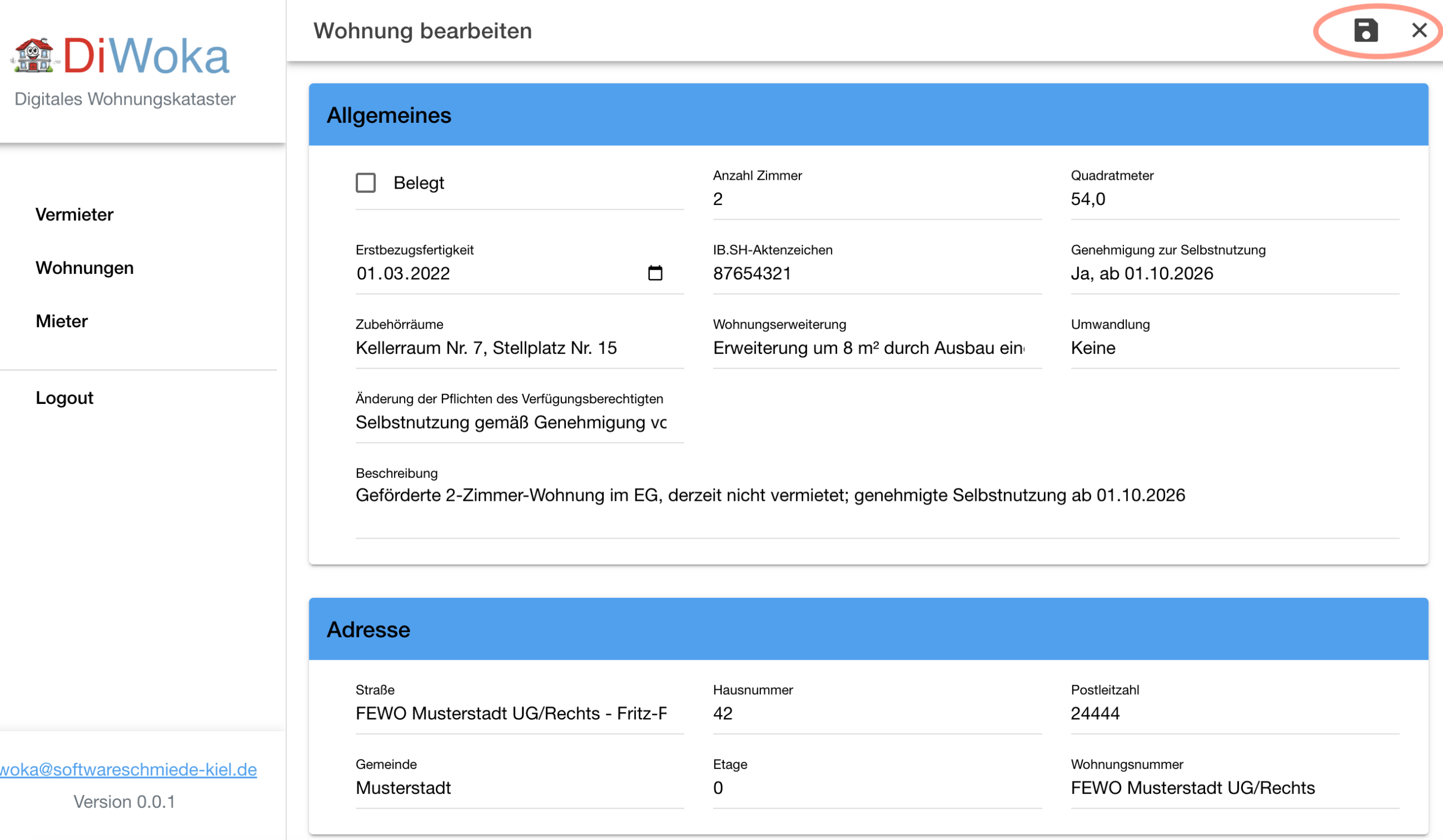 Wohnung Details Speichern und Abbrechen